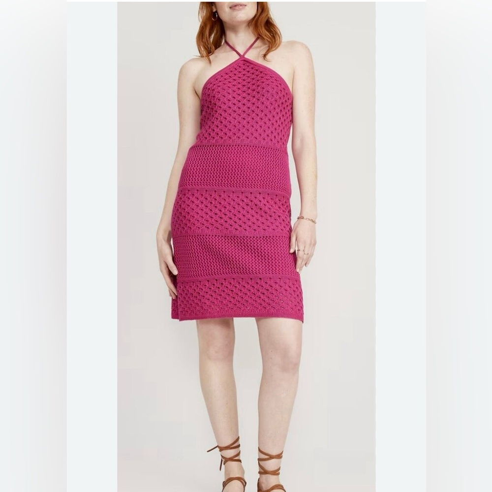 Women’s Hot Pink Fuchsia Halter Neck Crochet Dress Size Medium Sheath S…